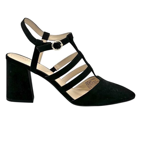 Liz Claiborne Newell Black Vegan Suede Closed Pointed Toe Strappy Heels 9.5 - Picture 1 of 12